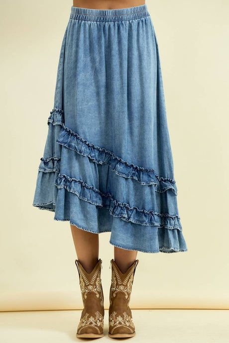 Denim Asym Ruffle Midi Skirt