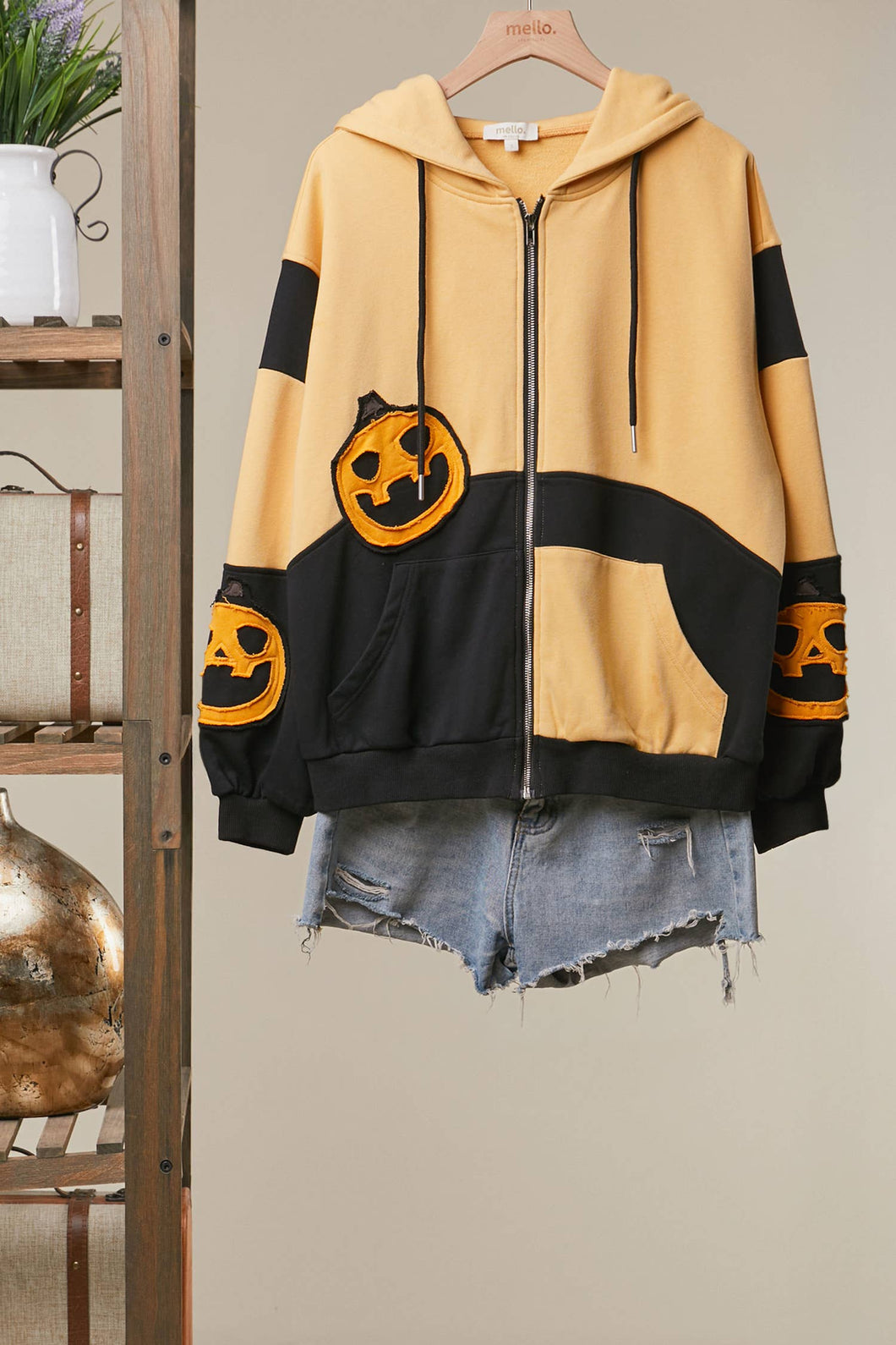 Mustard Colorblock Pumpkin Graphic Zip-Up Hoodie