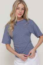 Dusty Blue White Short Dolman Sleeve Defined Silhouette Stripe Knit Top