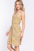 Lime Round Neck Waist Shirring Floral Printed Woven Dress