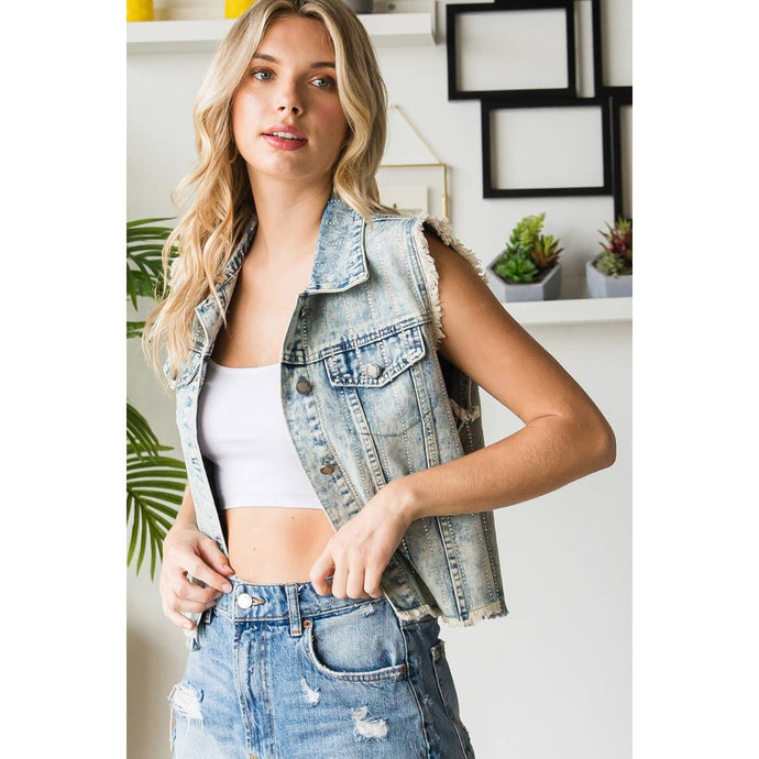 Light Wash Plus Size Denim Rhinestone Veveret Vest
