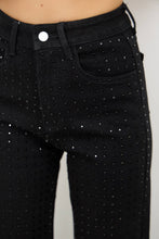 Black Rhinestone High Waisted Stretch Wide Leg Denim Pants