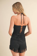 Black Suede Fringe Stud Front Lace Up Shorts