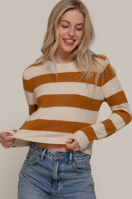 Camel Ivory Long Sleeve Crew Neck Stripe Sweater