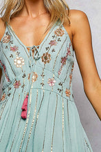 Light Seafoam Boho Smocking Mirror Embroidery V-Neck Sleeveless POL Dress