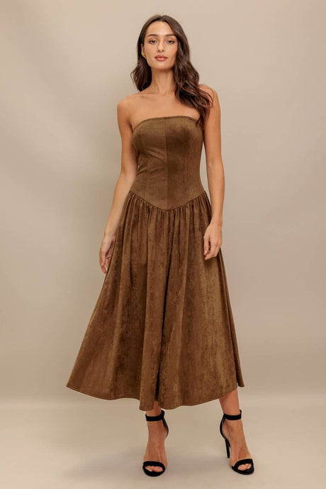Brown faux suede midi dress