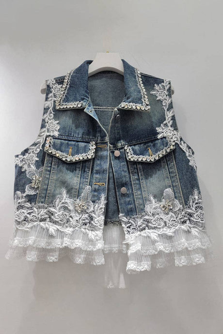 Blue Embellished Lace Denim Vest