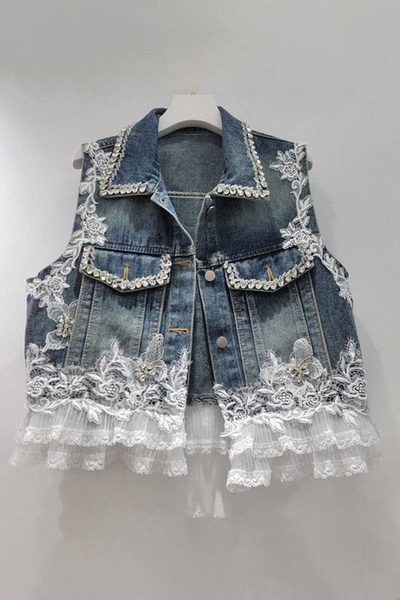 Blue Embellished Lace Denim Vest