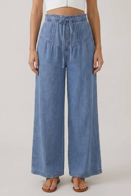 Dark Denim Pleats Buttoned Wide Leg Pants