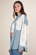 Blue Contrast Ribbed Knit & Lace Shacket Jacket