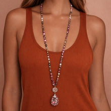 Rose Stone Beaded Long Necklace, Large Stone Pendant