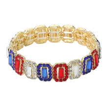 Gold Multi American USA Emerald Cut Crystal Rhinestone Pave Evening Bracelet