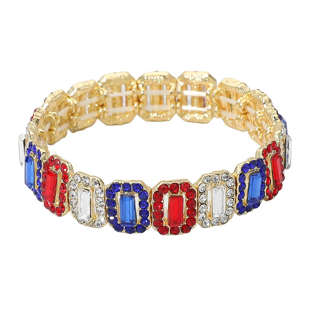 Gold Multi American USA Emerald Cut Crystal Rhinestone Pave Evening Bracelet