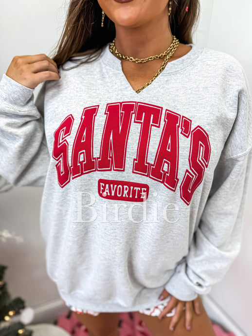 Ash Grey Santa's Favorite Graphic Split Neck Crewneck