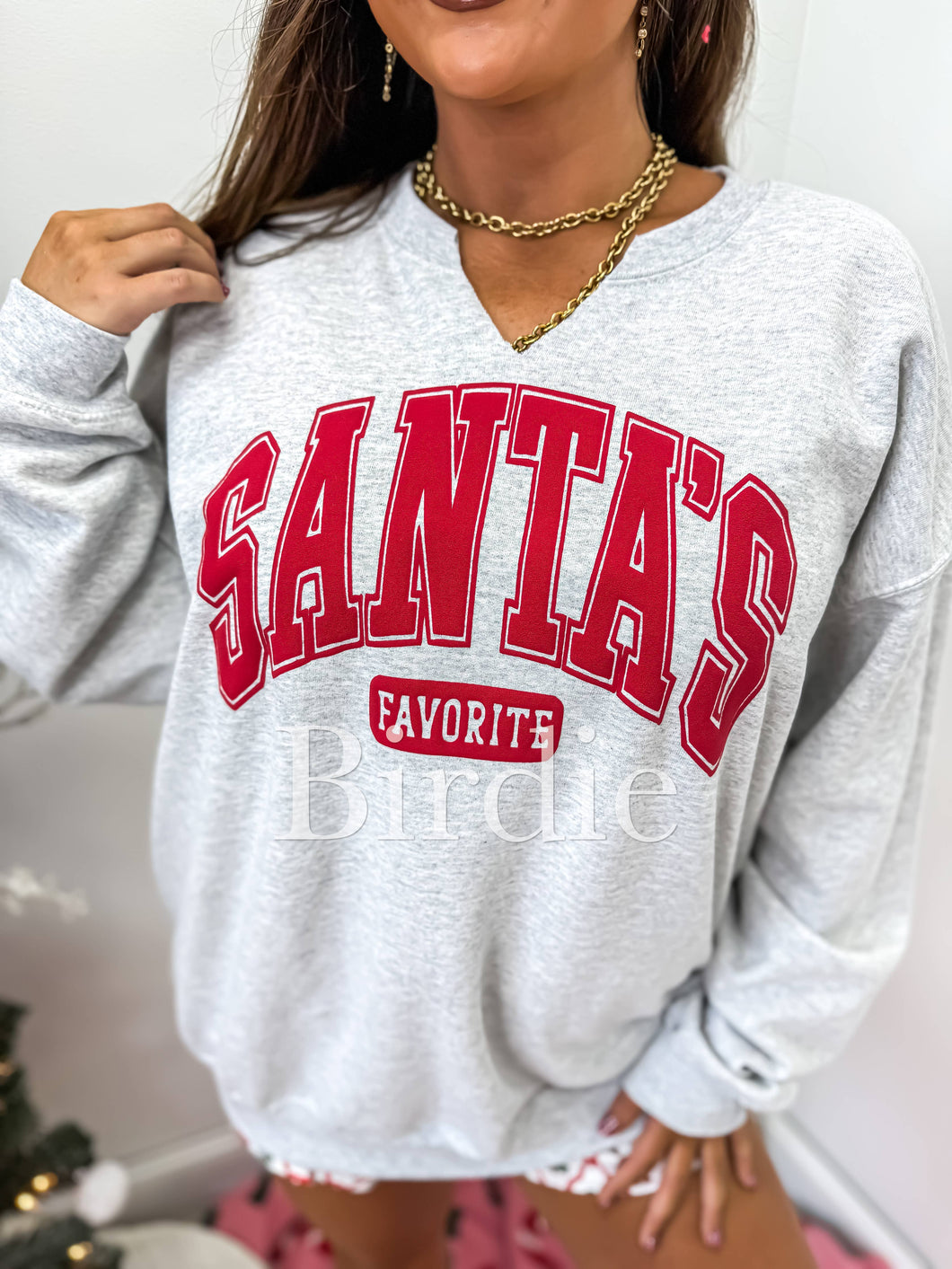 Ash Grey Santa's Favorite Graphic Split Neck Crewneck