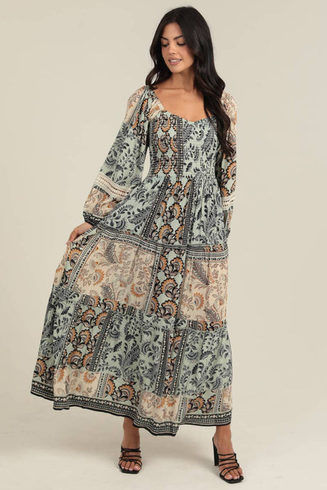Mint Sweetheart Neck Smocked Bodice Lace Trim Maxi Dress