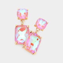 Pink Square Rectangle Glass Stone Link Dangle Evening Earrings