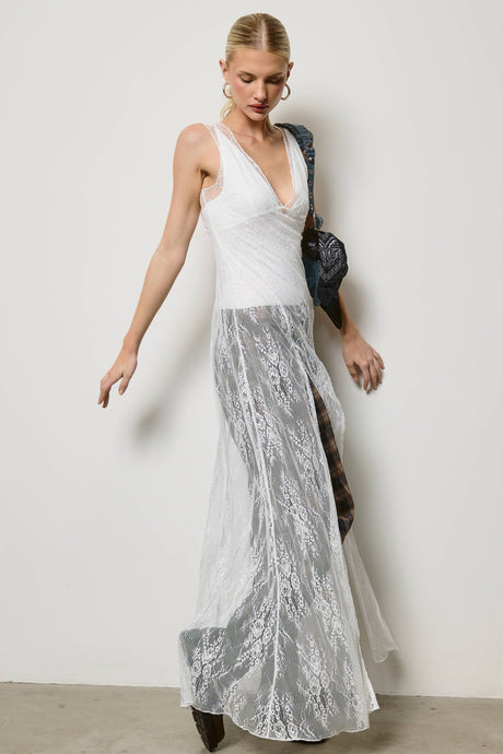 Off White Sheer Lace Maxi Dress with Bodysuit