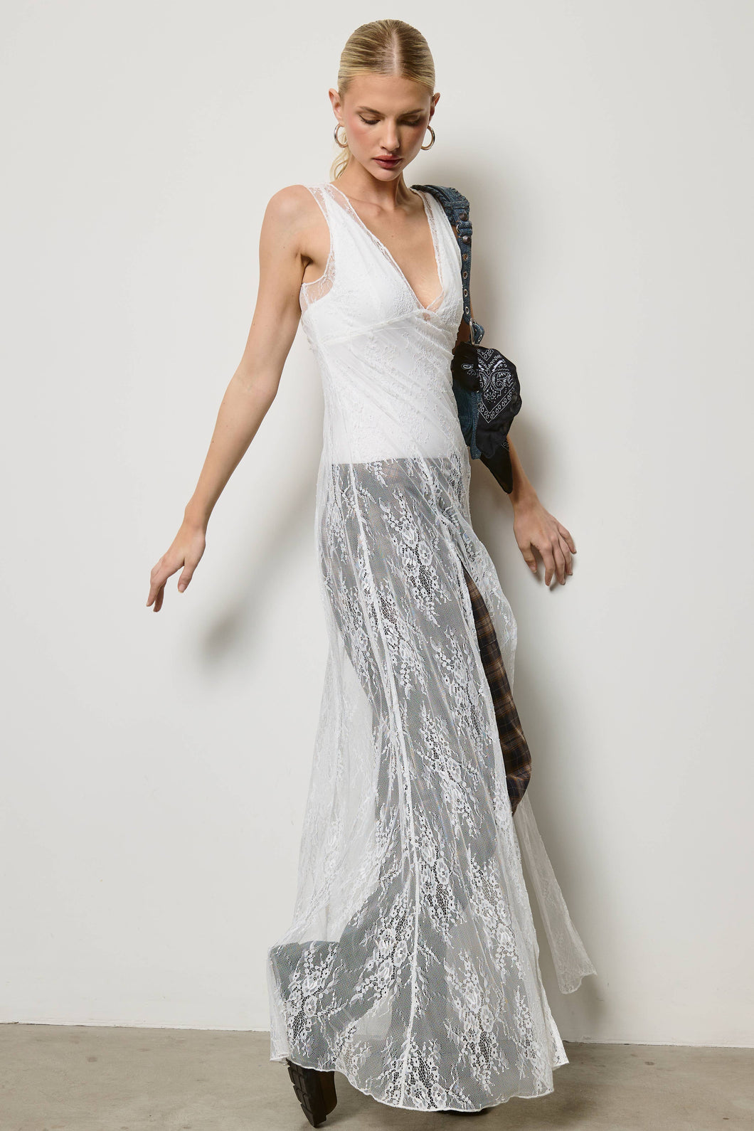 Off White Sheer Lace Maxi Dress with Bodysuit