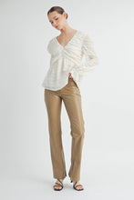 Ivory Sheer Textured V-Neck Blouse with Back Ribbon