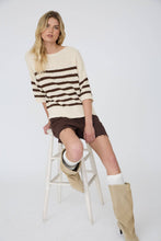STRIPE TEXTURED KNIT HALF SLEEVE KNIT SWEATER (PRE-ORDER): NAVY