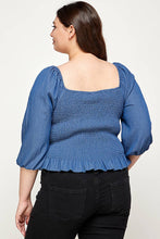 Blue Plus Size Smocked Chambray Peplum Top