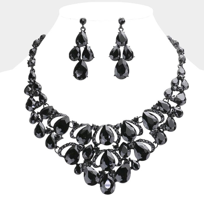 Jet Black Teardrop Stone Cluster Evening Necklace