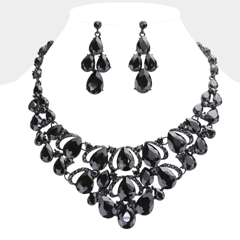 Jet Black Teardrop Stone Cluster Evening Necklace