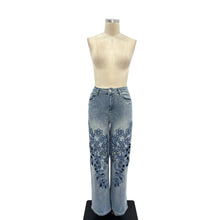 Blue Floral Lace Cutout Embellished Denim Pants