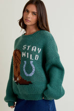 Green Long Sleeve Crew Neck Cowgirl Graphic Sweater