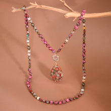 Rose Stone Beaded Long Necklace, Large Stone Pendant