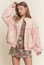 Baby Pink Teddy Sherpa Floral Mixed Fabric Jacket