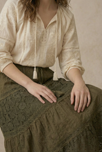 Olive Elastic Waist Maxi Mello Skirt with Lace Trim