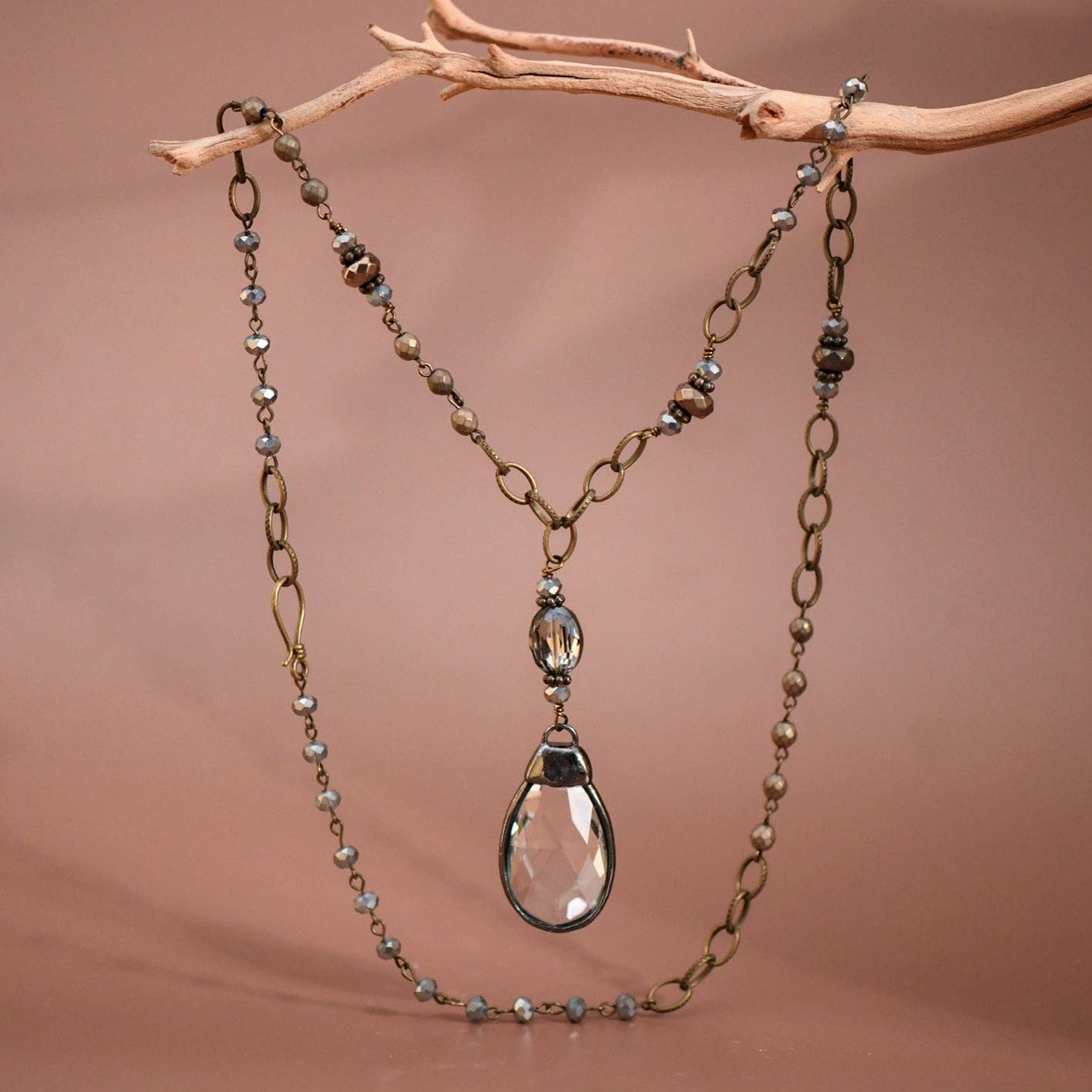 Boho Long Beaded Chain Link Necklace, Glass Crystal Teardrop Pendant ...