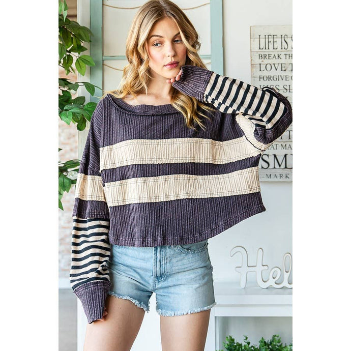 Black Mix Media Striped Long Sleeve Oli+Hali Pullover