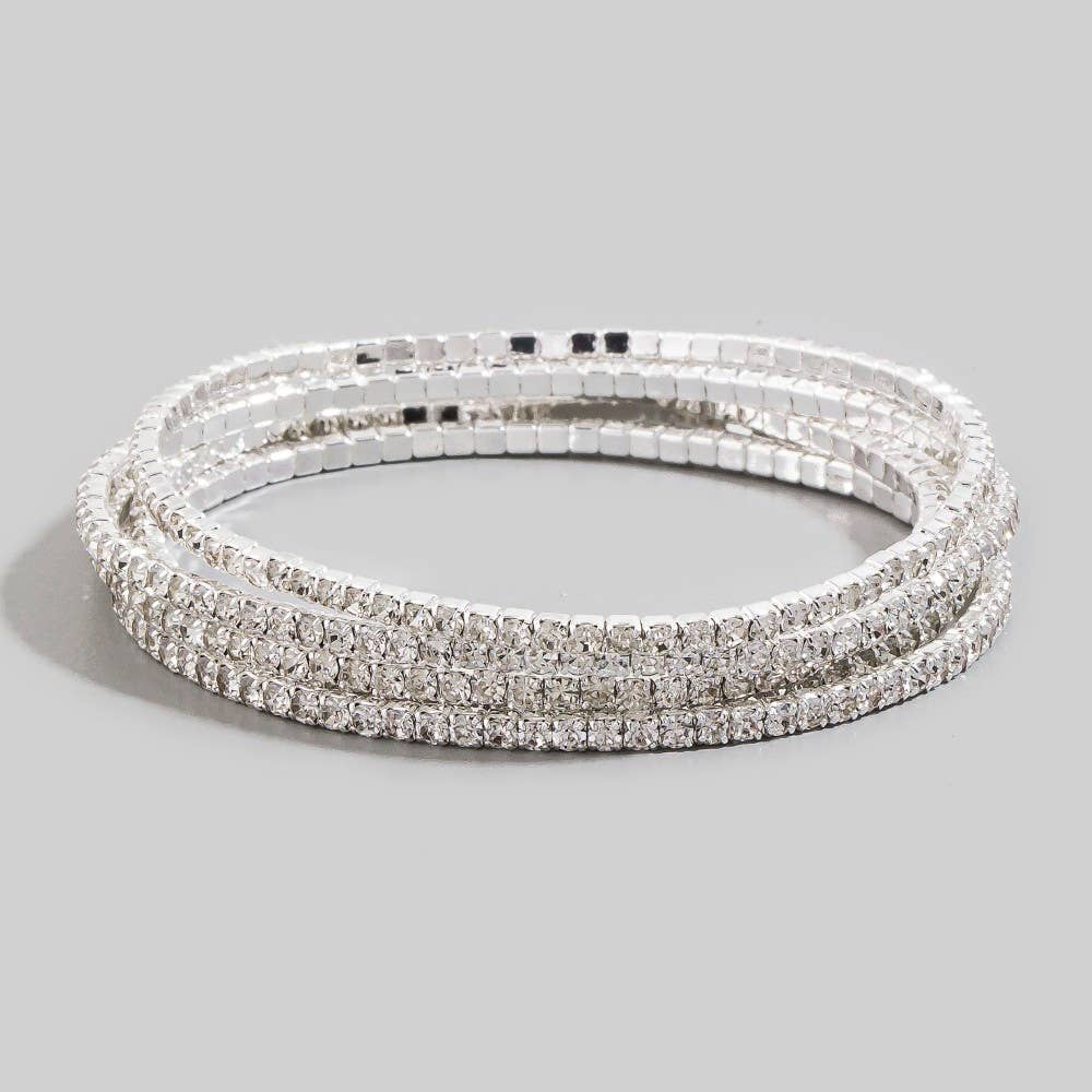 Silver Five Piece Rhinestone Stretch Bracelet Set