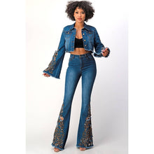 Denim Blue Acid Washed Flare Embroidered Jacket