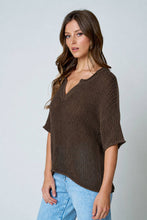 Chocolate Brown Split Neck Short Sleeve Sheer Crochet Knit Top