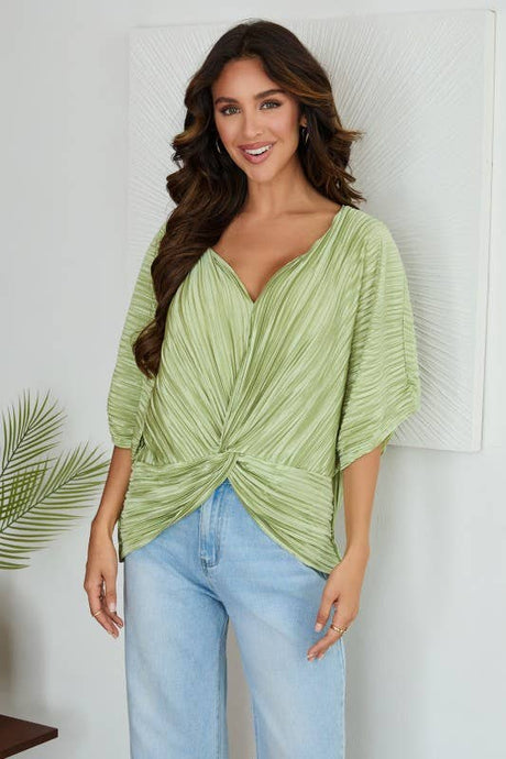 Lime Pleated Twist Front Draped V Neck Venti Blouse