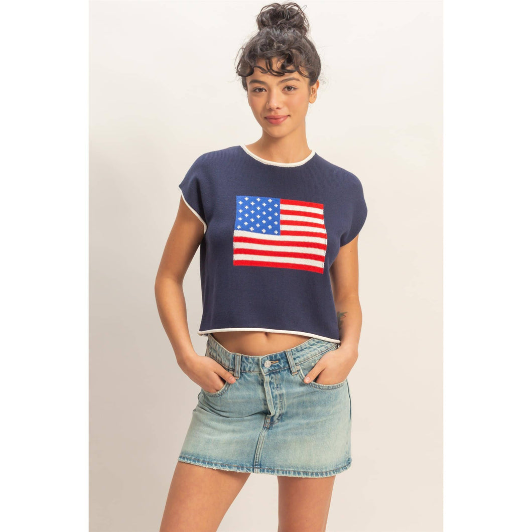 Navy Rolled Hem Sleeveless Flag Graphic Top