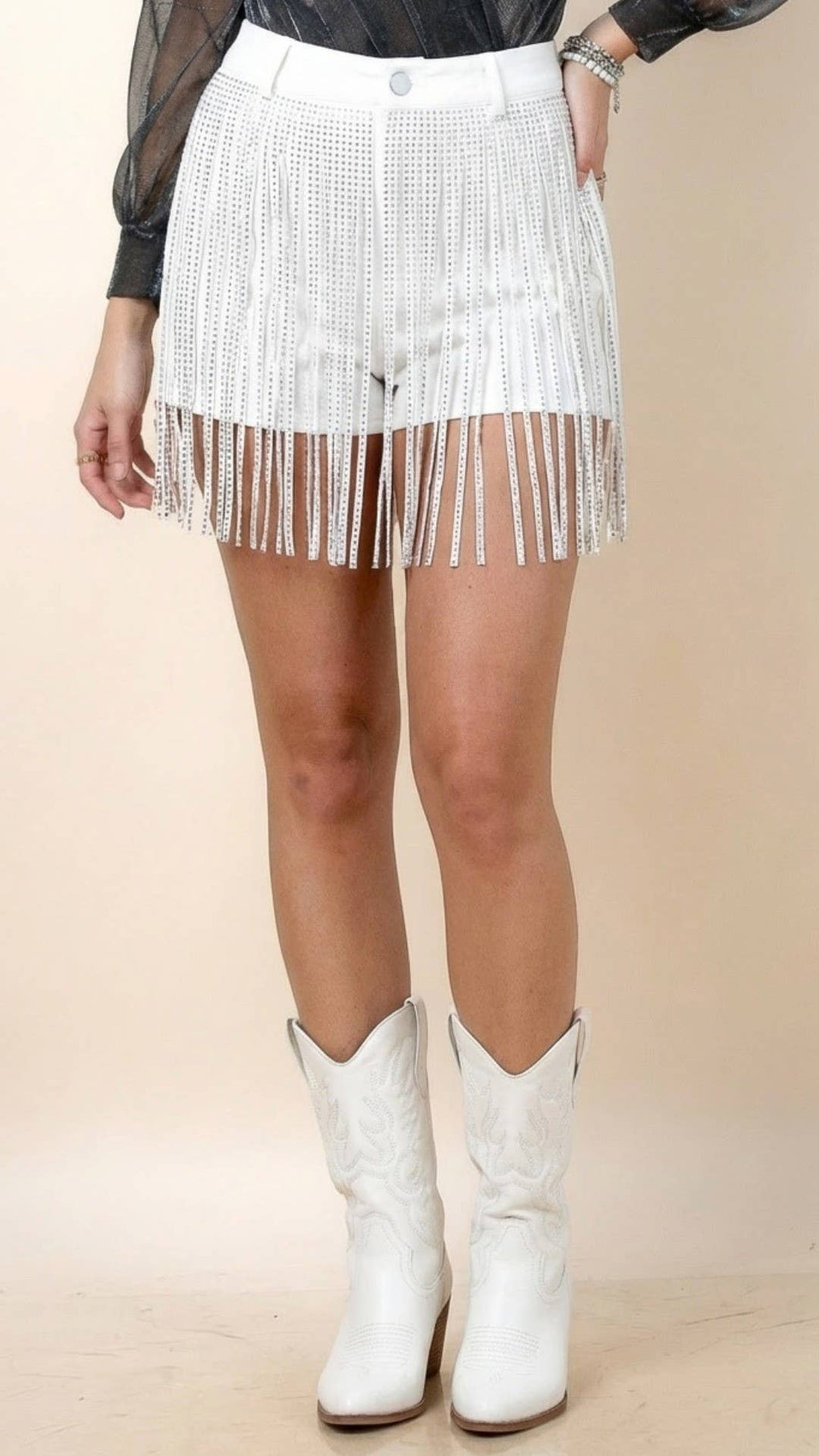 Off White Kelly Western Fringed Rhinestones Shorts