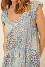 Faded Denim Floral Patch-Print V Neck Ruffle Mini Sundress