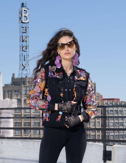 Black Denim Jacket with Floral Sequin Embroidery