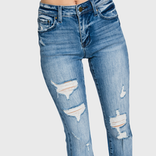 Distressed Mid Rise Stretch Flare Trouser Hem Pants