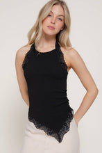 Black Lace Trim Texture Knit Halter Top