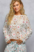 Off White Pink Floral Weave Round Neck Long Sleeve Crochet POL Top
