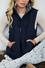 Navy Plaid Collar Quilted Zip Up Vest