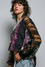 Black Long Sleeve V neck Lace Contrast Printed Woven POL Top