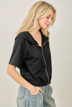 IJ3526 Rhinestone-Adorned Short Sleeve Zip-Up Hoodie Jacket: Black / L