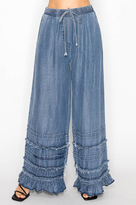 Denim Chambray Palazzo Ruffled Pants